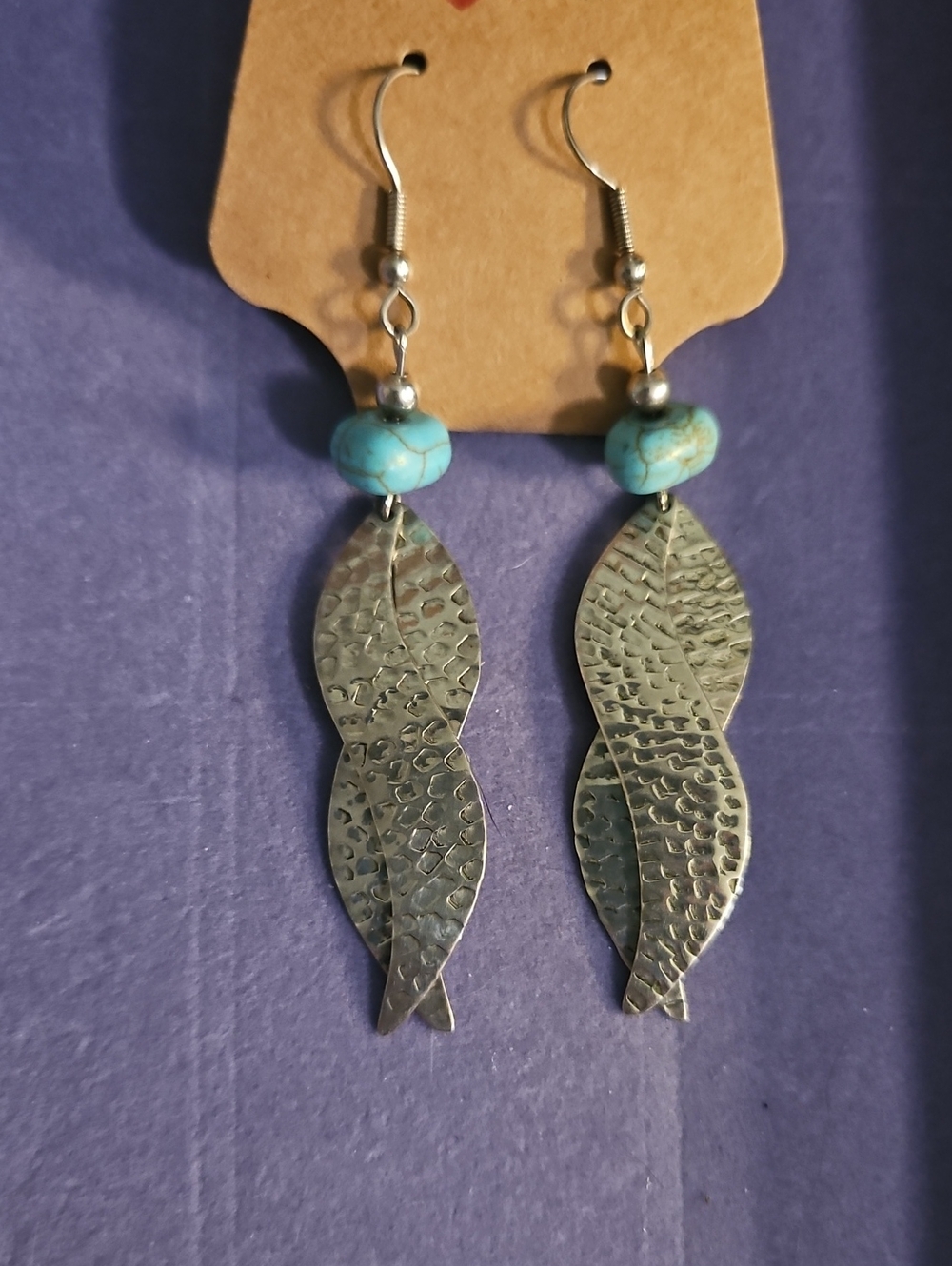 Turquoise Bead Silver Leaf Dangle Earrings - Women Jewelry